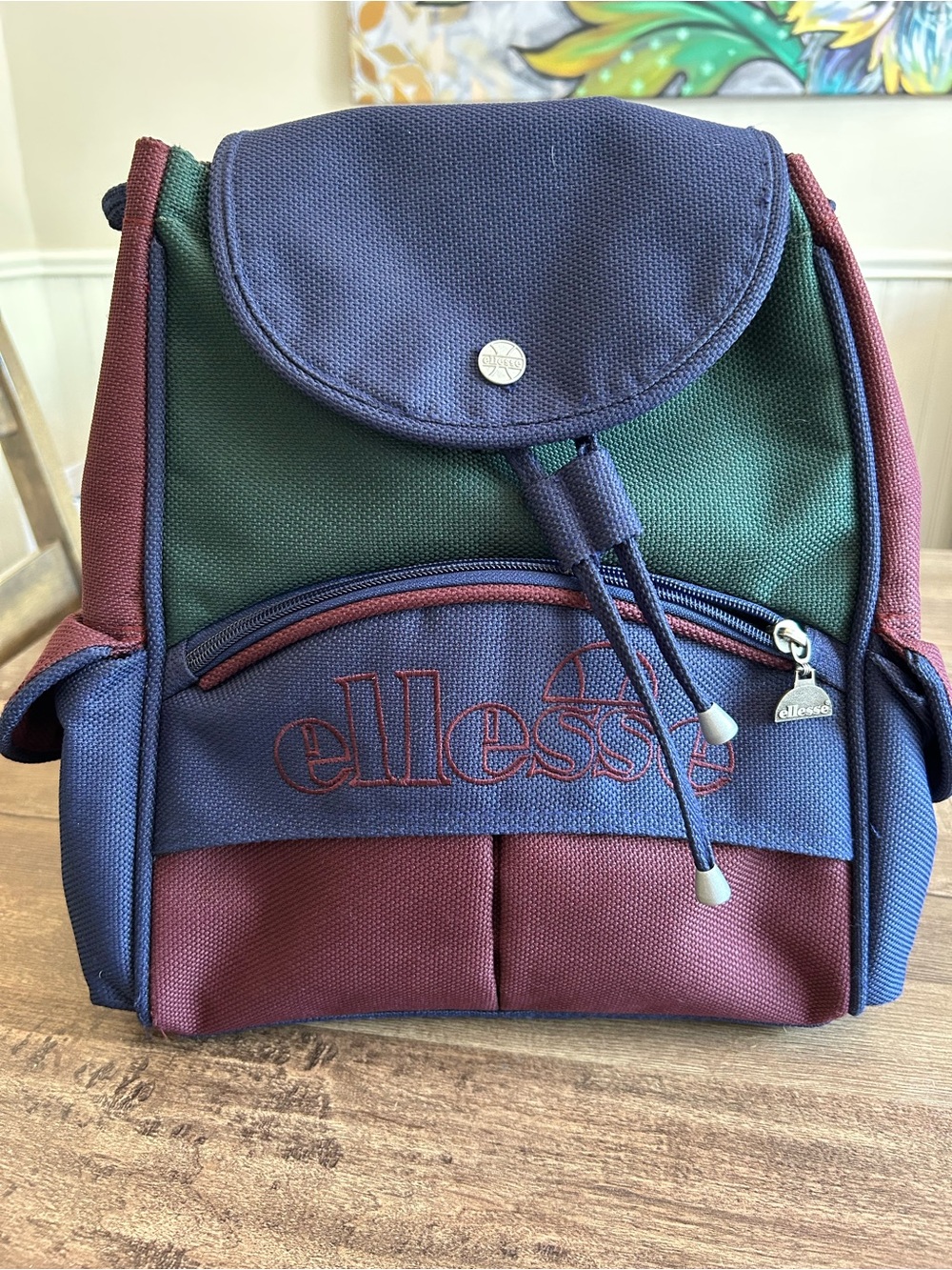 VTG Ellesse Colourblock Backpack 90s Streetwear Rare Enamel Zipper Logo